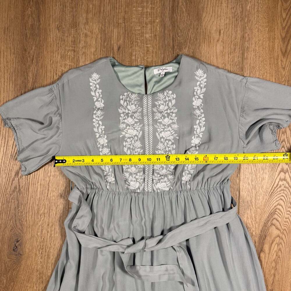 Polagram Sage Green Embroidered Floral Ruffle Sleeve Midi Dress Size L - Picture 8 of 11